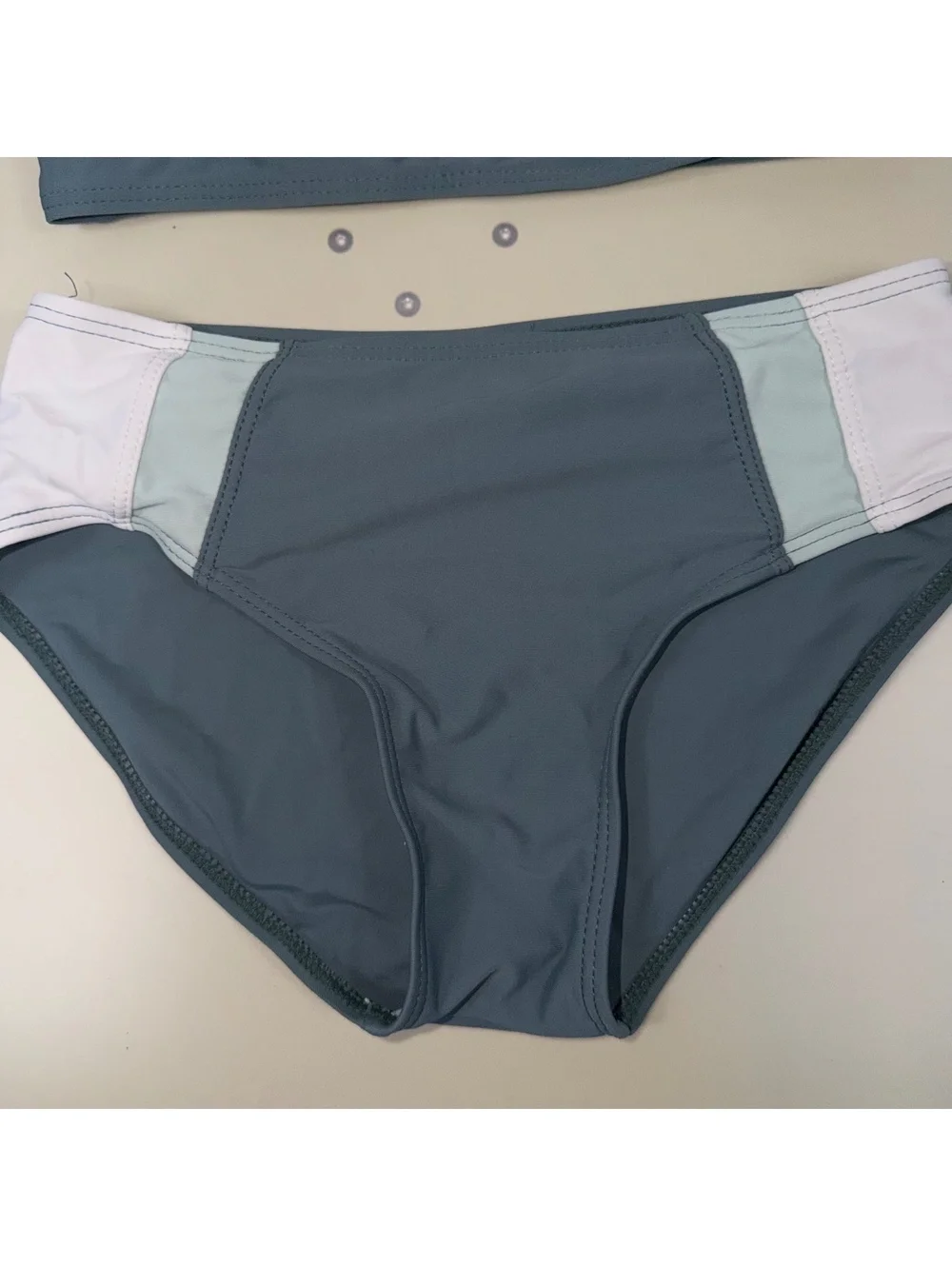 SHEIN Girls Size 8-9 Two Piece Swimsuit Gray Mint White Zip Front Colorblock